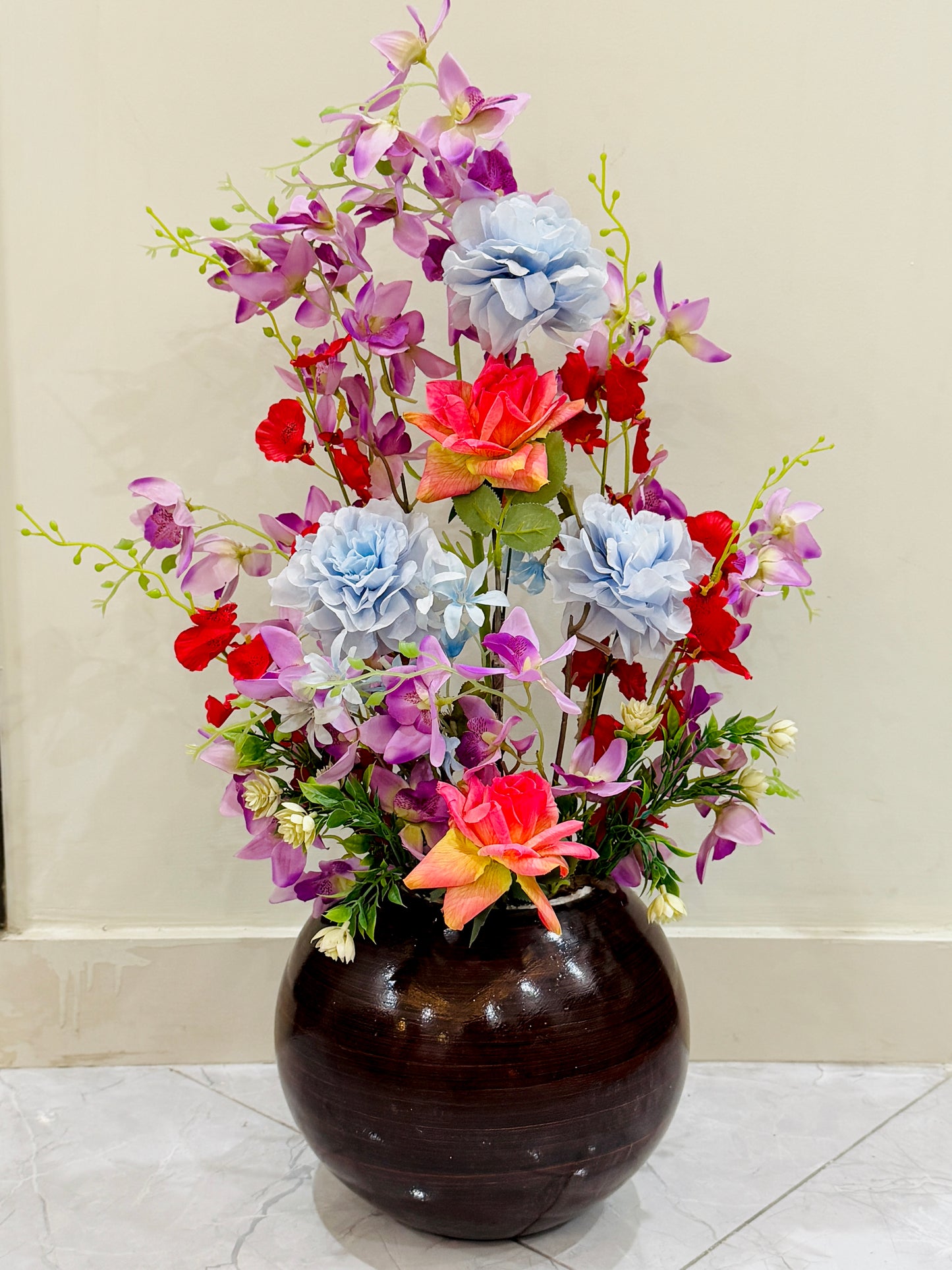 Large Brown Textured Vase with Flowers