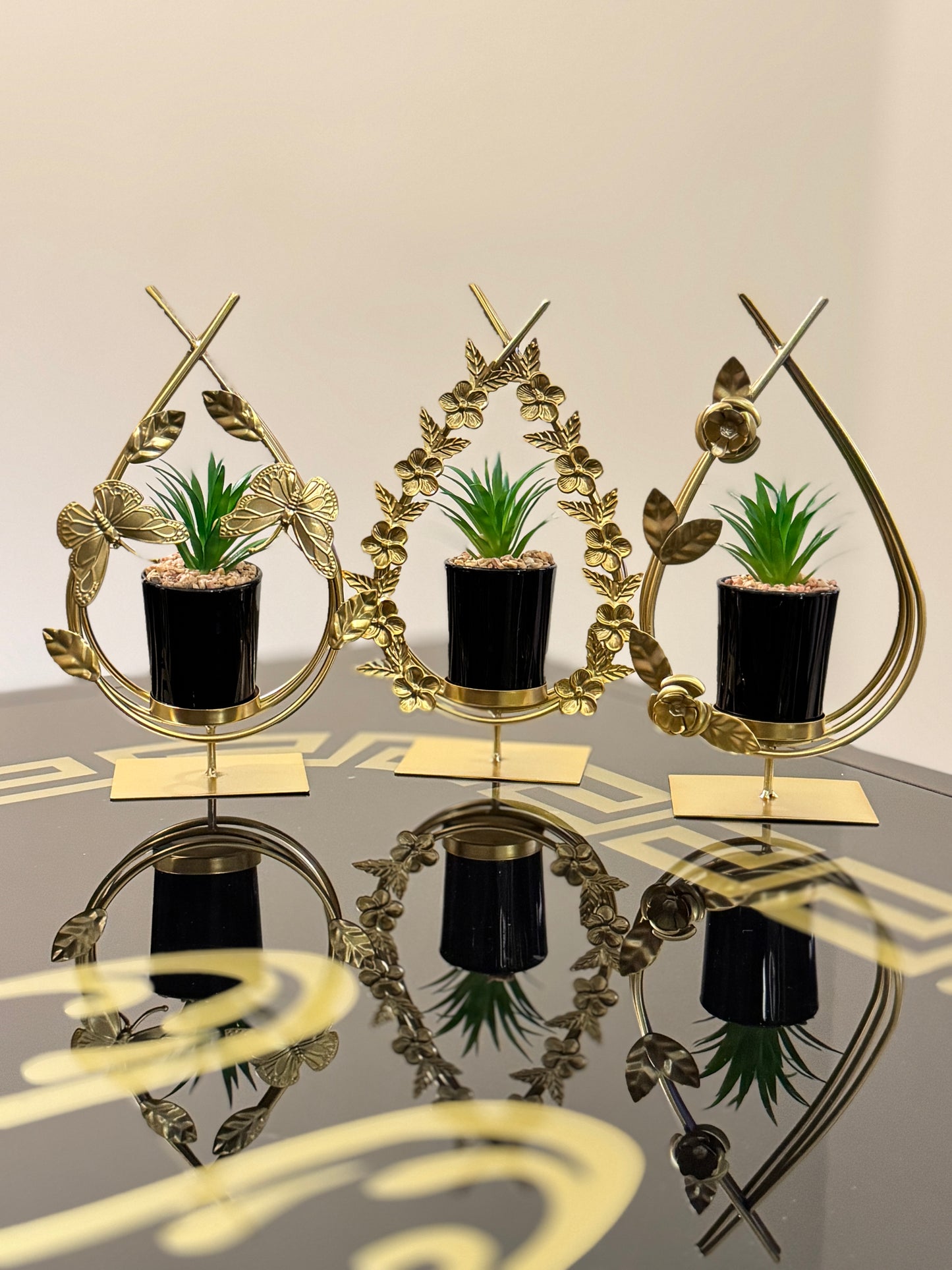 3 Metallic Golden Planter Stand Set