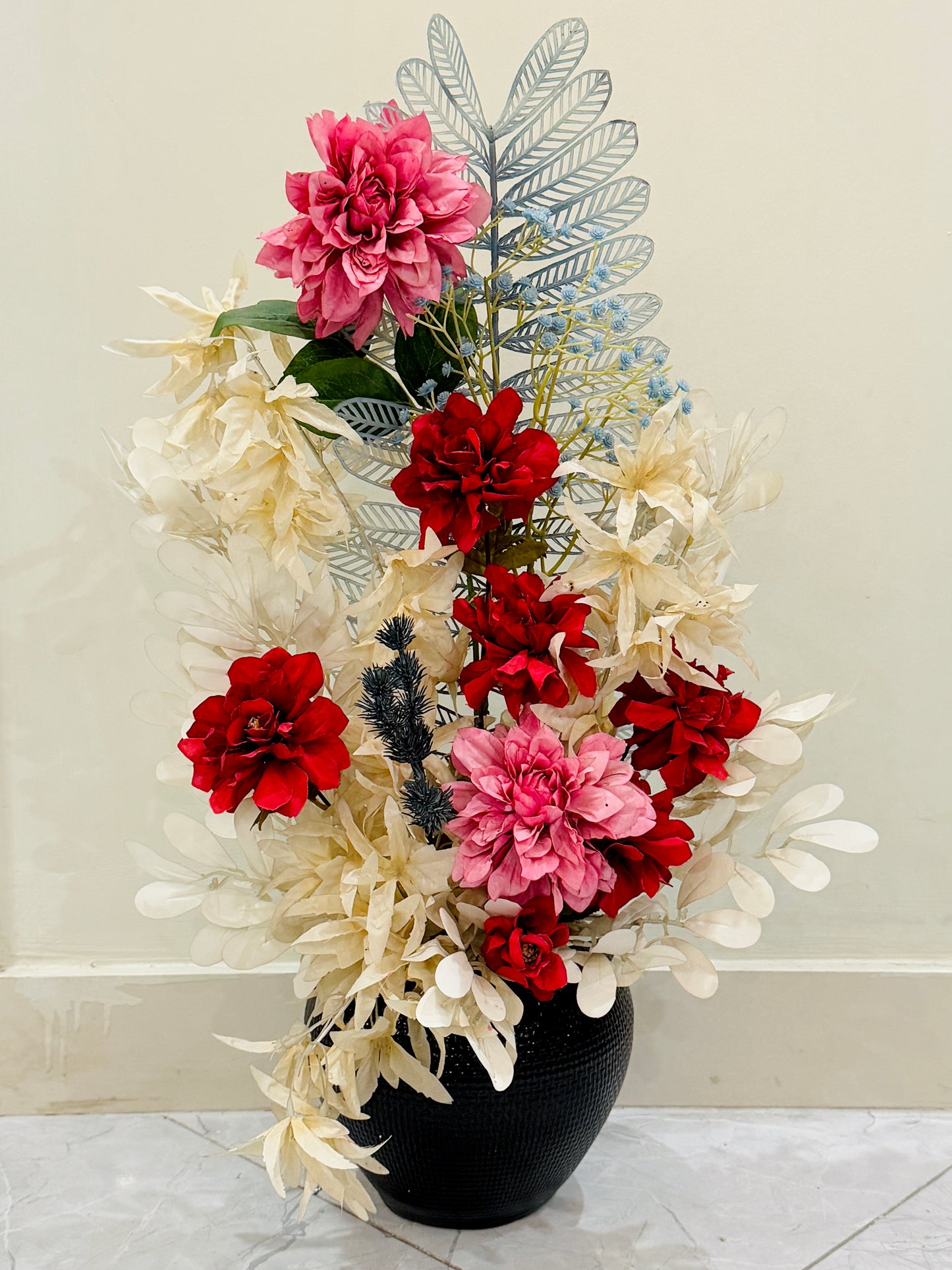 Large Black Textured Vase with Flowers