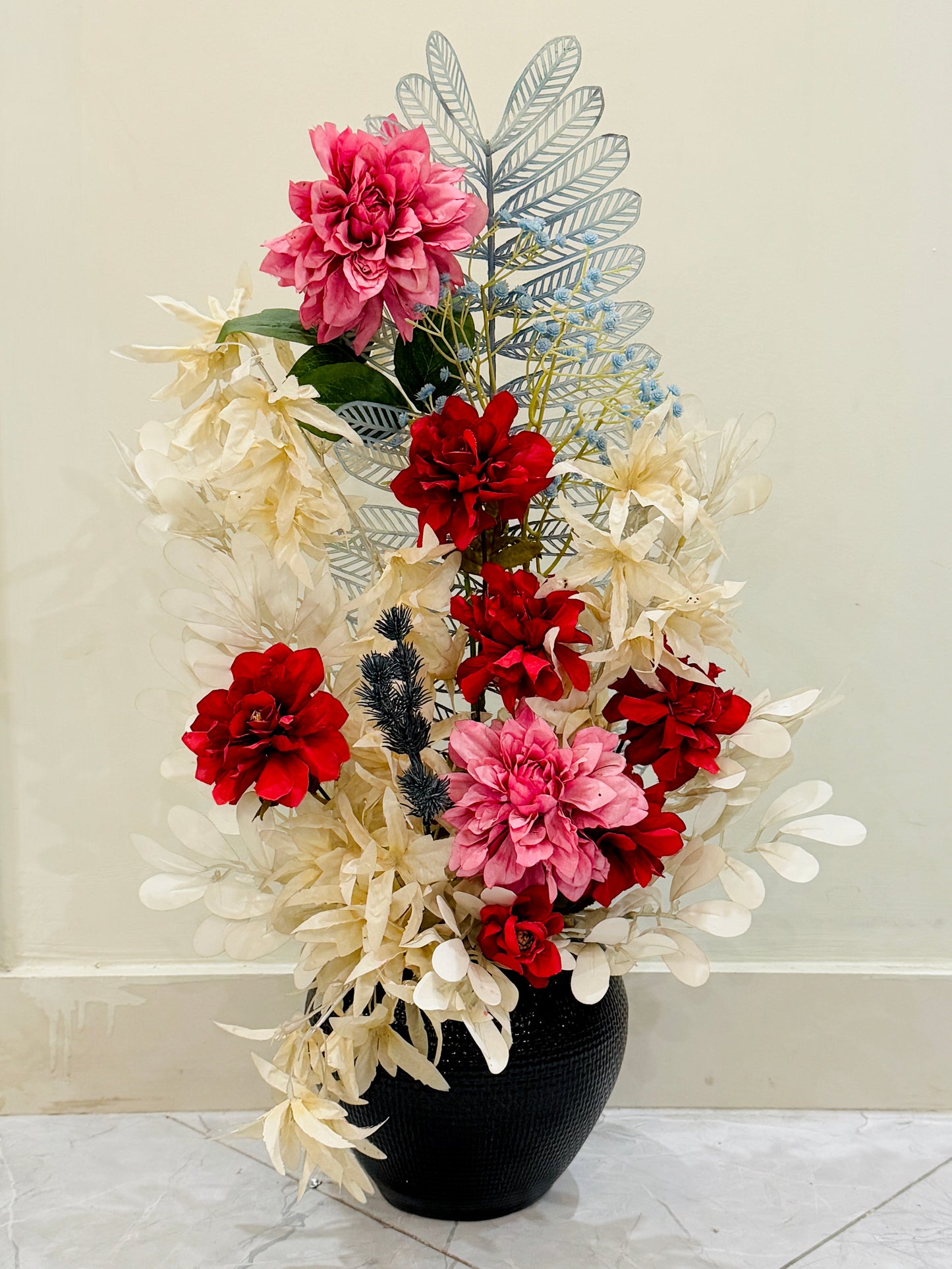 Large Black Textured Vase with Flowers