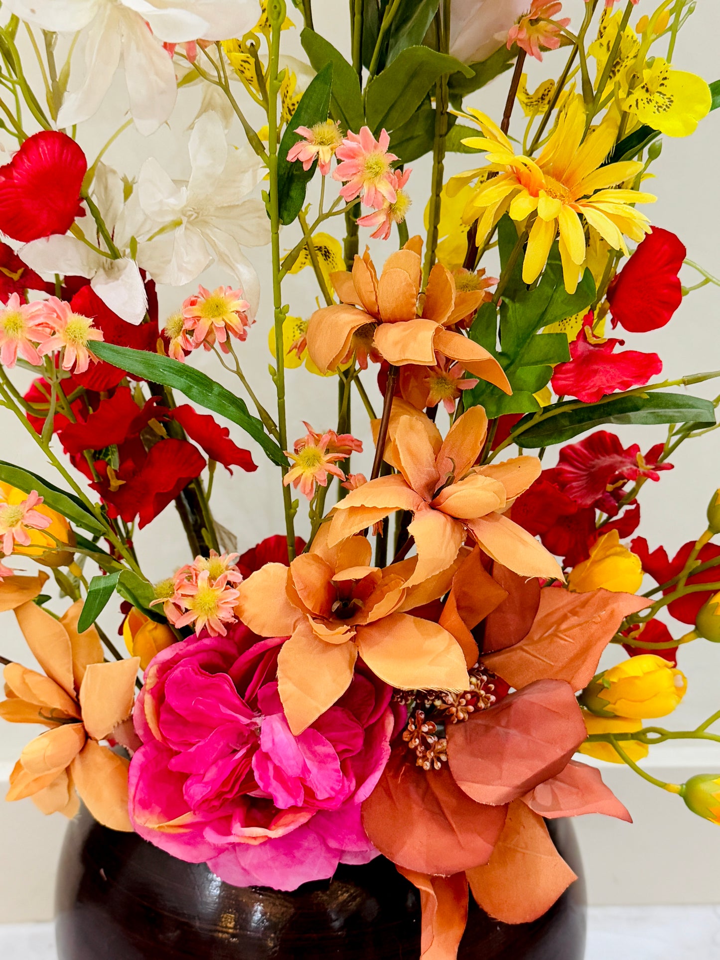 Large Brown Textured Vase with Flowers