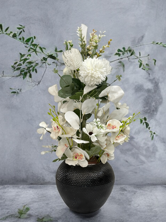 Large Black Textured Vase with White Flowers PD-106