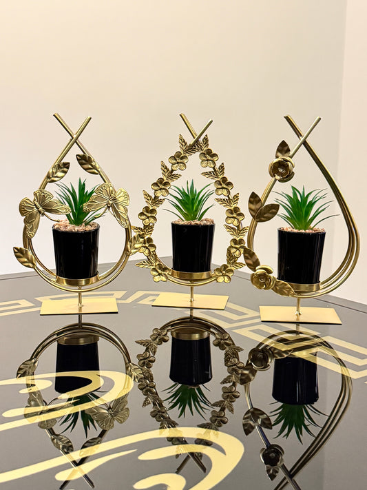 3 Metallic Golden Planter Stand Set