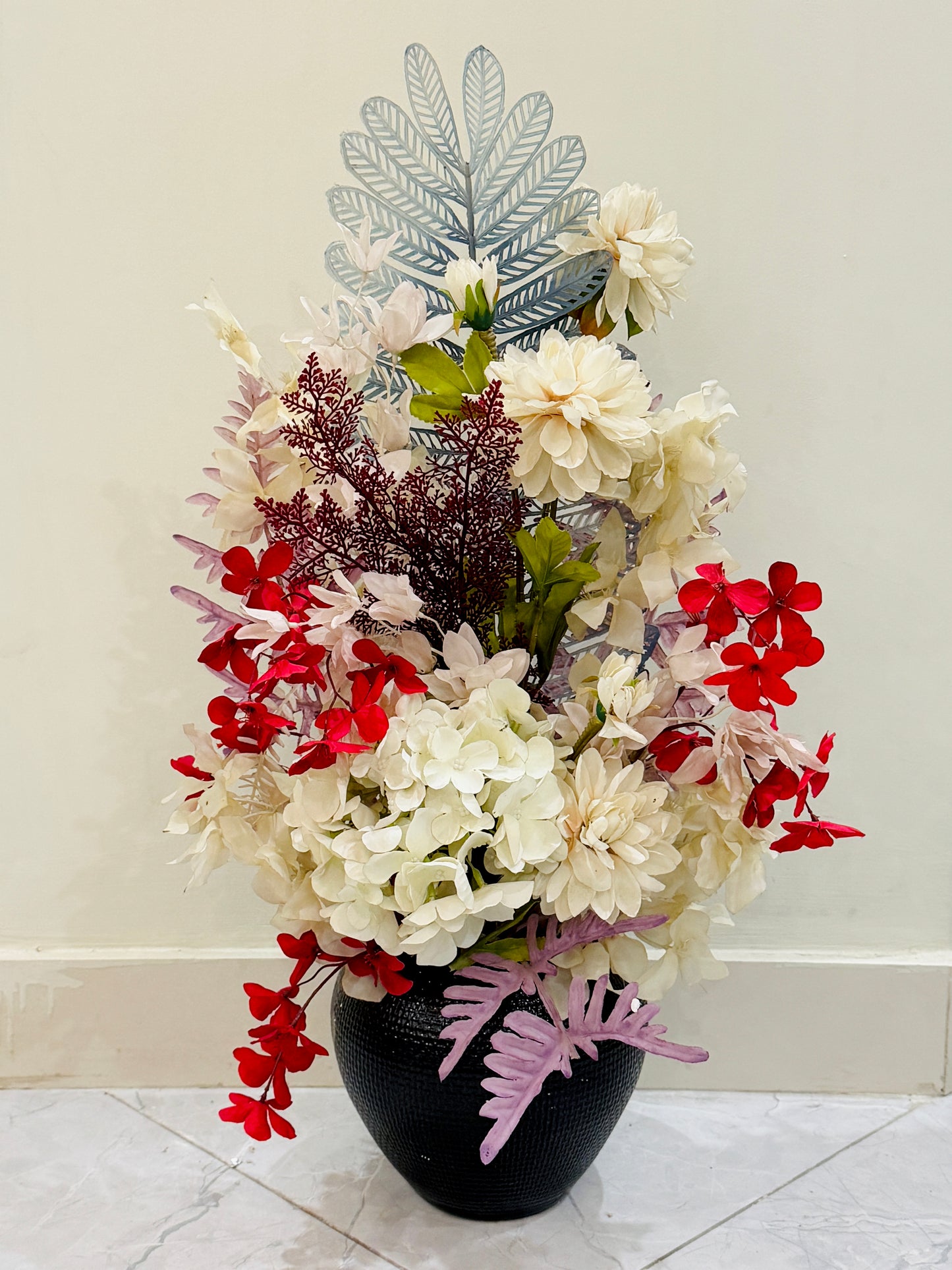 Large Black Textured Vase with Flowers