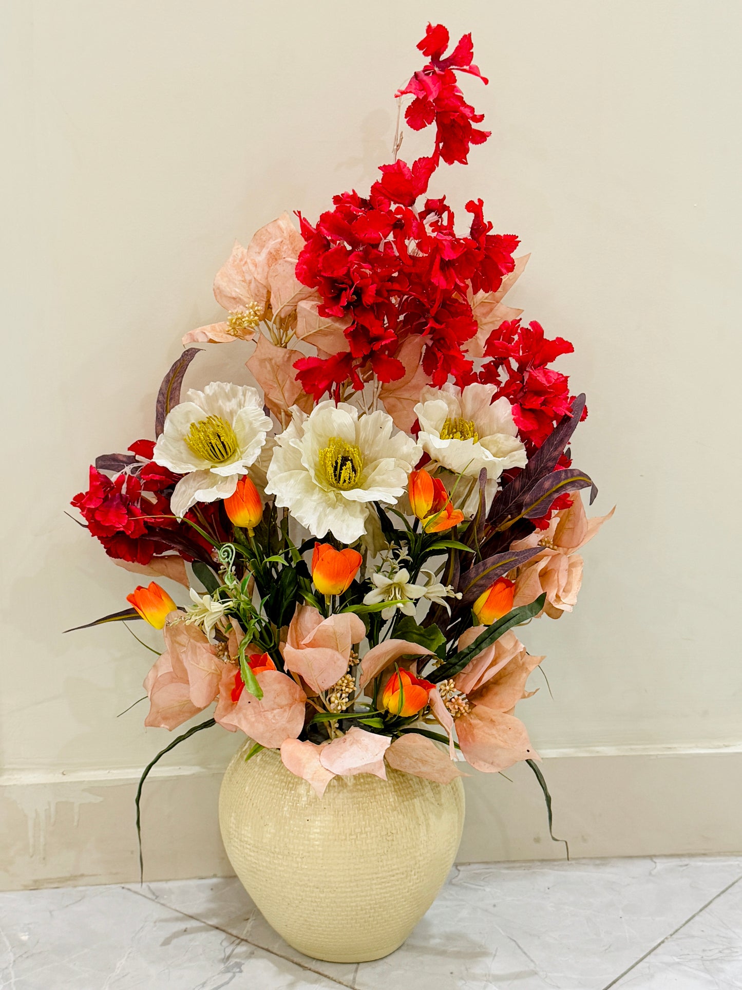 Large Off-white Textured Vase with Flowers