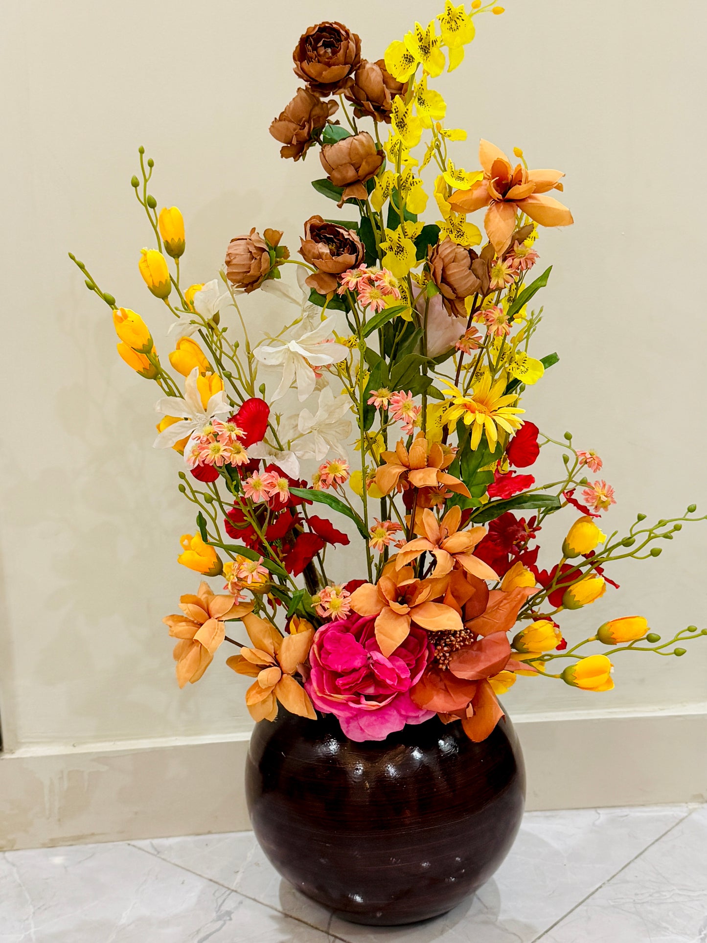 Large Brown Textured Vase with Flowers