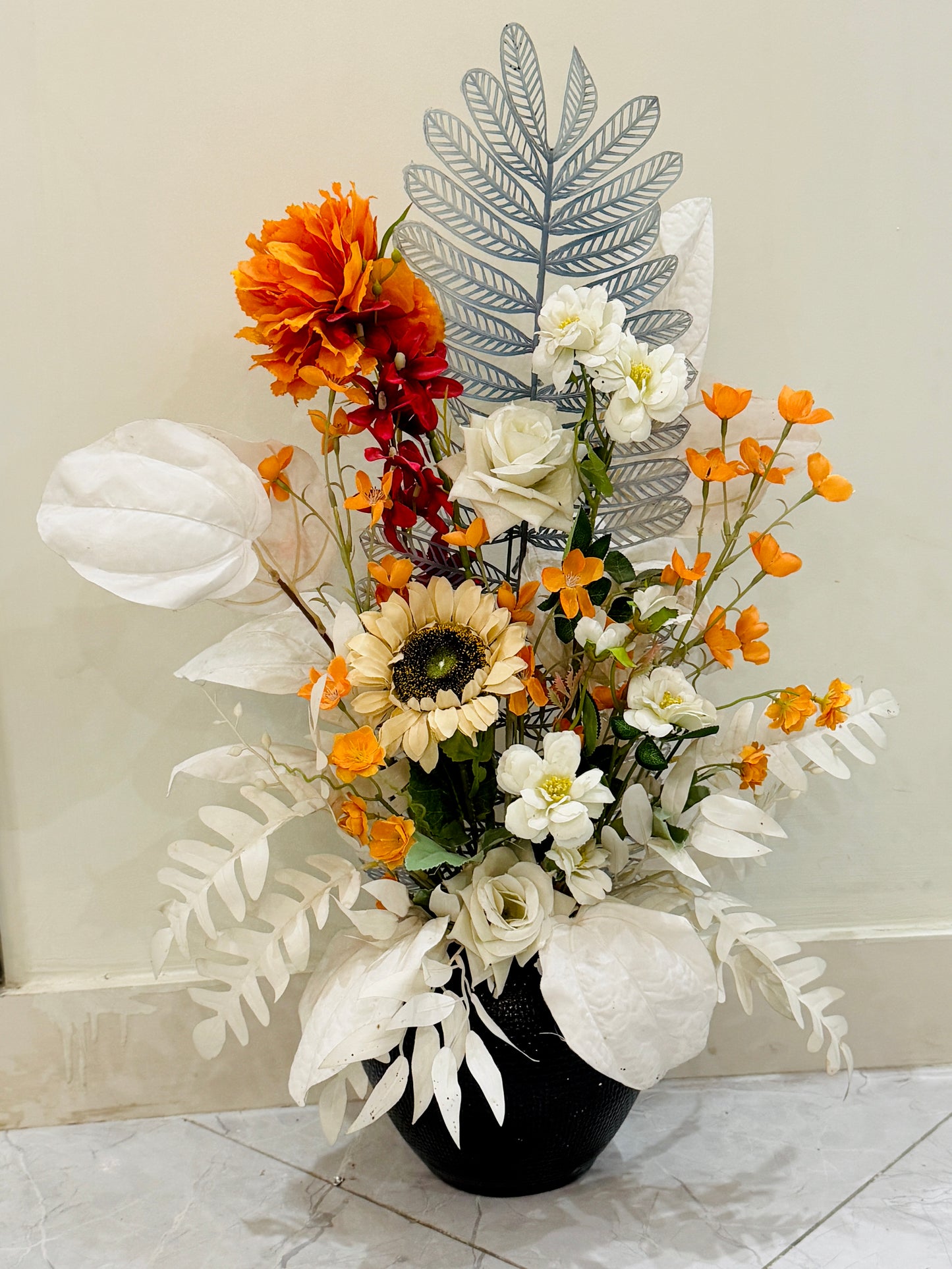 Large Black Textured Vase with Flowers