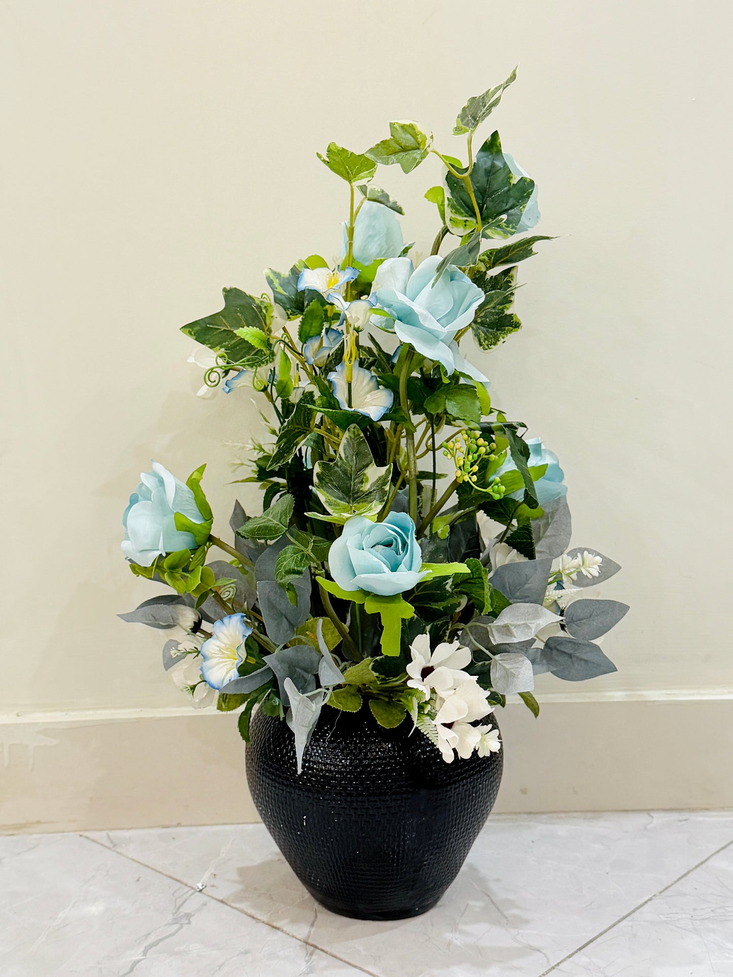 Large Black Textured Vase with Flowers